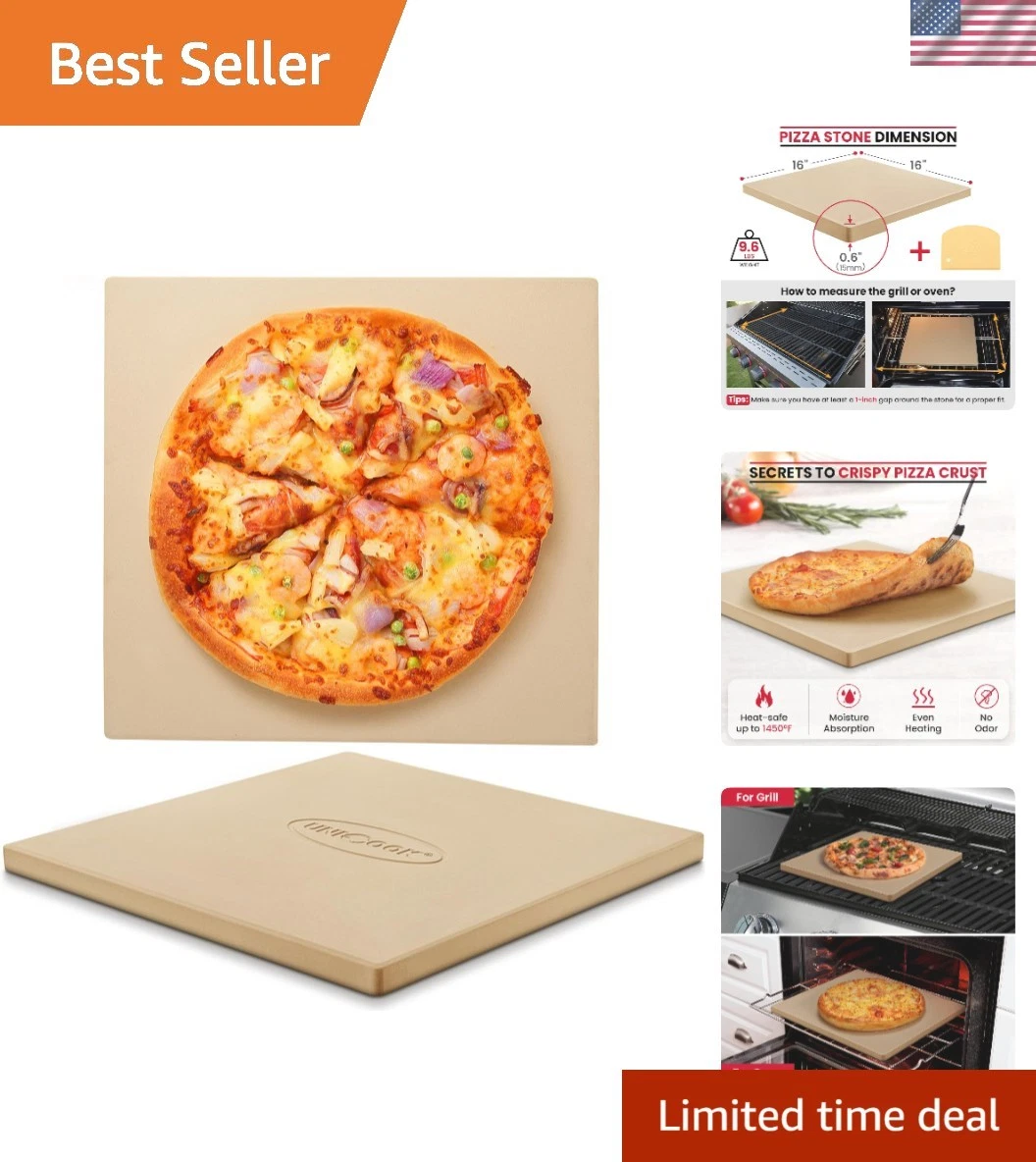 16" x 16" Square Pizza Stone for Grill and Oven, Large Cordierite Bread Bakin...