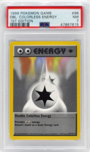 Yellow-bordered 1st Edition Base Set Double Colorless Energy 96/102 Pokémon card graded PSA 7 NEAR MINT in case.