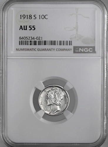 1918-S  10C  MERCURY SILVER DIME  "SAN FRANCISCO"   NGC AU55  #8405234-021