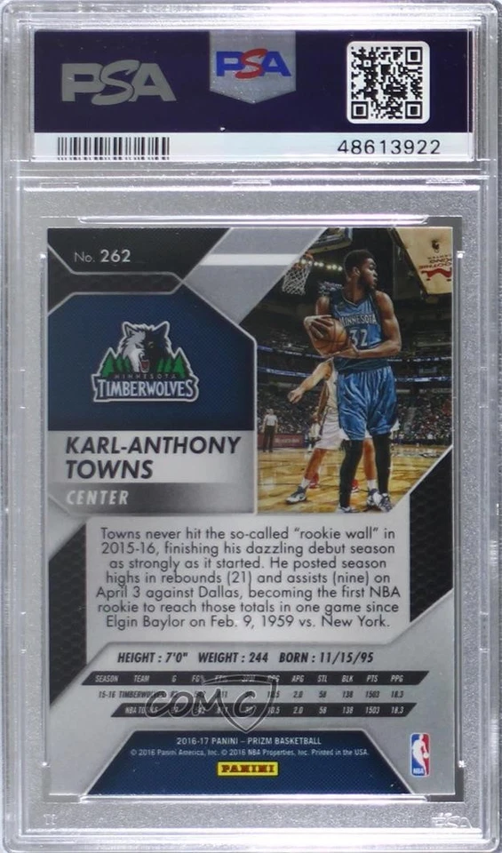 2016-17 Panini Prizm Karl-Anthony Towns #262 PSA 10 GEM MT - Image 2 of 2