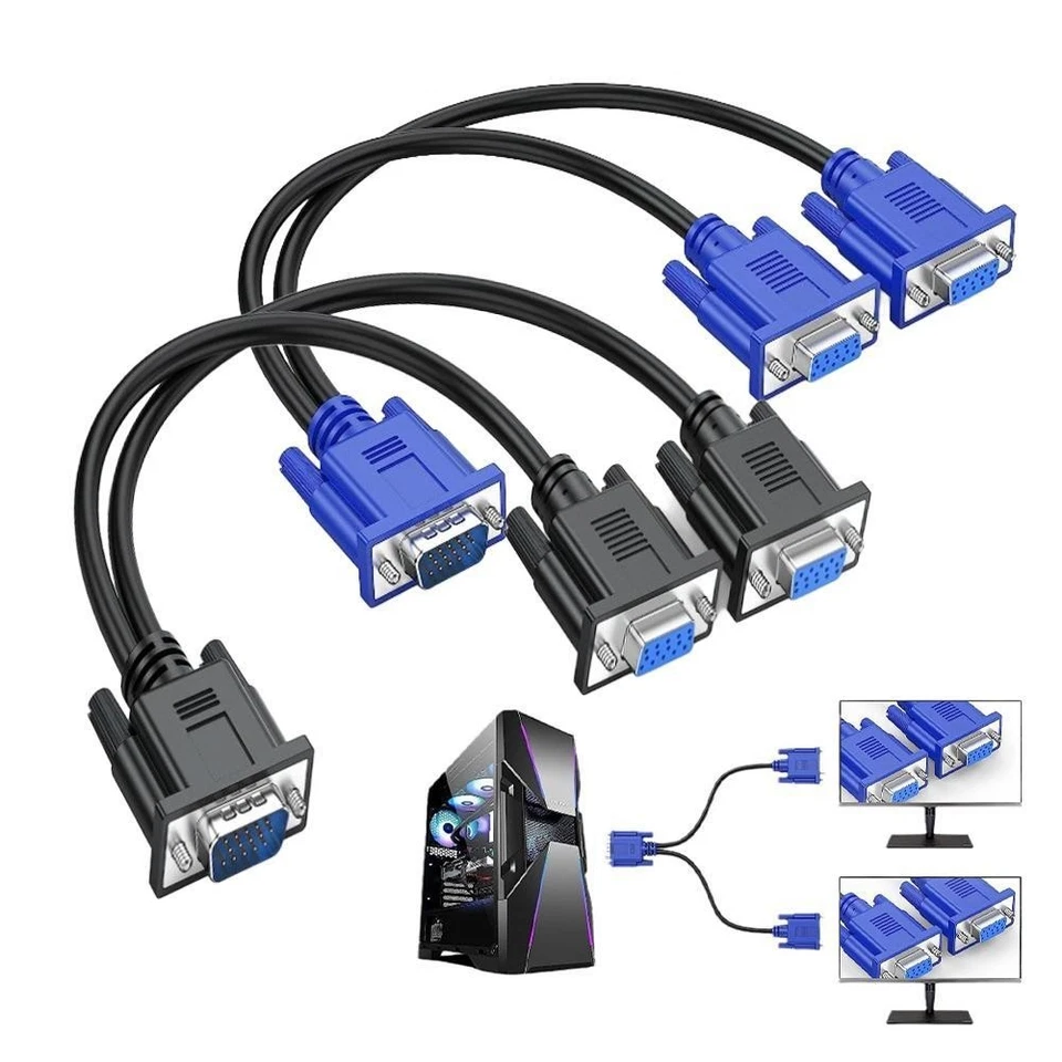 1 PC to 2 Way VGA SVGA Monitor Y Splitter Cable Lead 15Pin Male TFT LCD H8C7 - Image 3 of 4