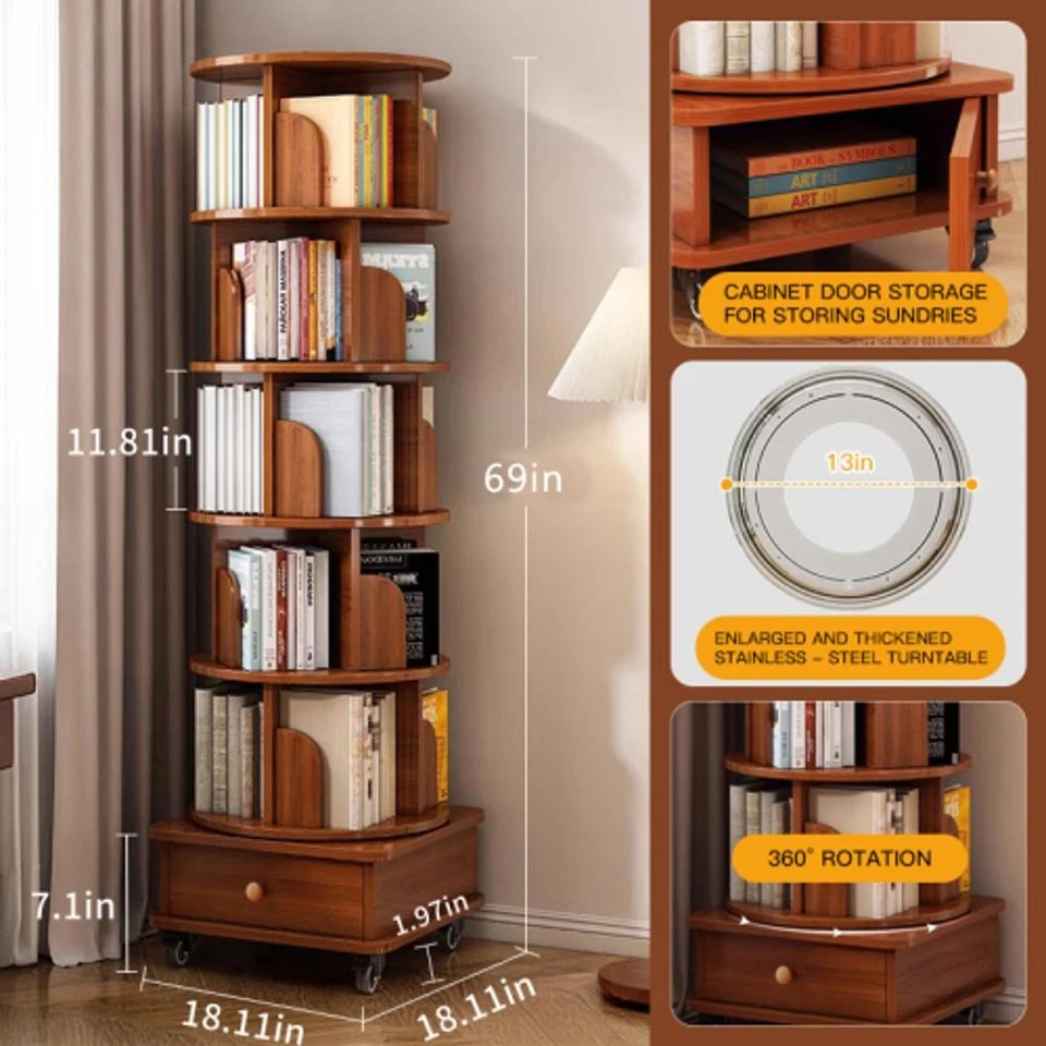 6 Tier Rotating Bookshelf, 360 Display Corner Bookshelf for Small Space - Image 3 of 4