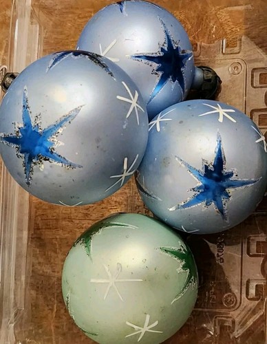 4-Vintage ATOMIC Star Hand Painted Christmas Tree Ornaments Green, Blue, Silver