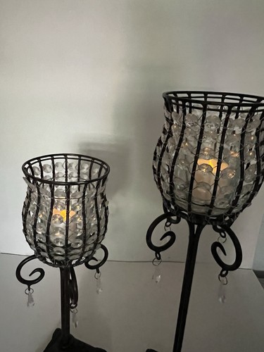 Candle Holder VTG Metal Tall Standing Set Bead Mesh Dangle Drops with Glass Cups - Picture 5 of 13