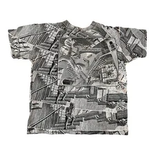 Vtg 90s MC Escher All Stairs Print T Shirt Size L HOUSE OF STAIRS Single Stitch