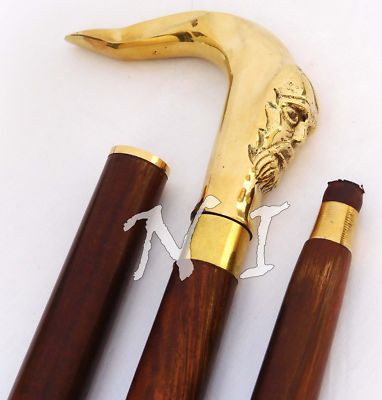 Canne Marche Bois Massif Design Victorien, Manche Crâne En Laiton, Fabriquée Main Inde
