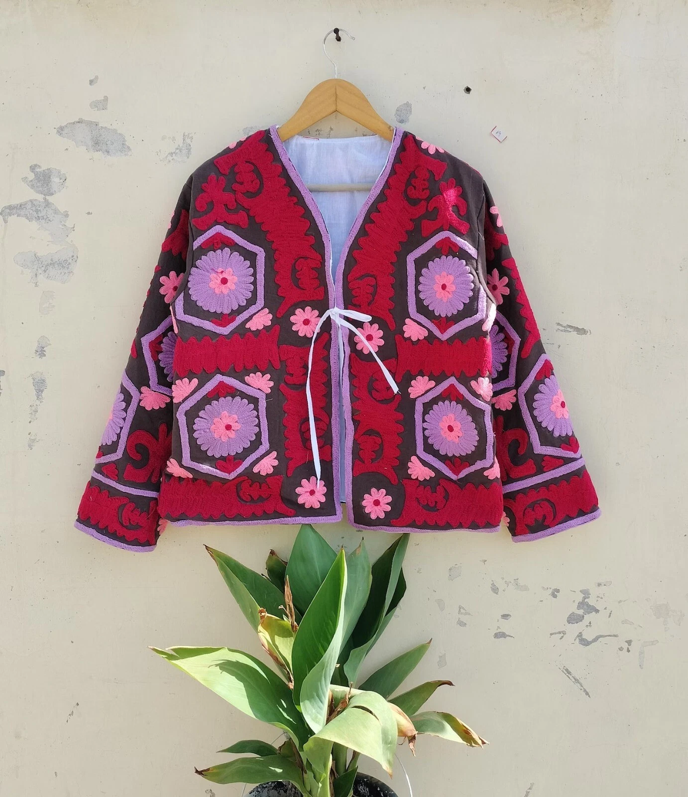 Indian Handmade Black Suzani Floral Cotton Unisex Jacket Womens Clothing Jacket