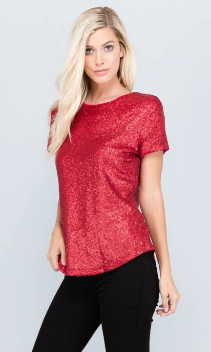 Women's Sequin Short Sleeve Blouse T-Shirt Top Fully Lined Rosette New