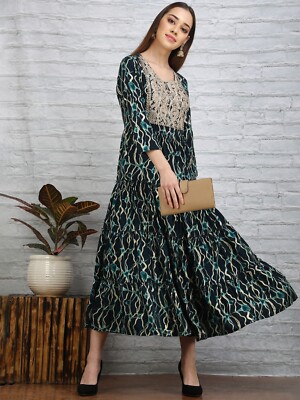 Women Blue Long Flared Kurti Kurta Traditional Designer Gown Anarkali Dress  | eBay