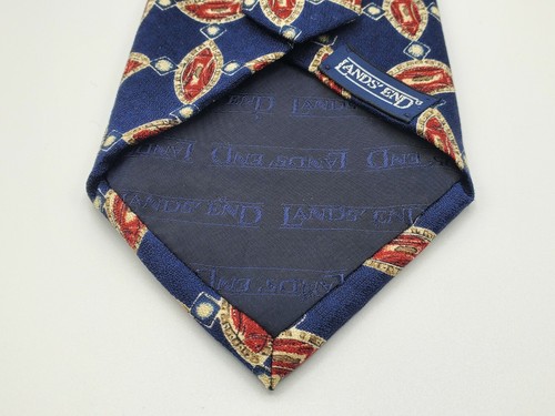 "Corbata Lands End 100 % azul seda rojo blanco diseño geométrico L 58"" con 3 3/4""" - Imagen 4 de 5