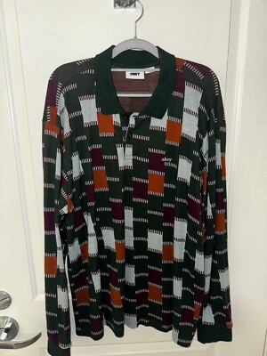 OBEY Streetwear Craft Jacquard Designer Long Sleeve Polo Golf Shirt (LARGE)