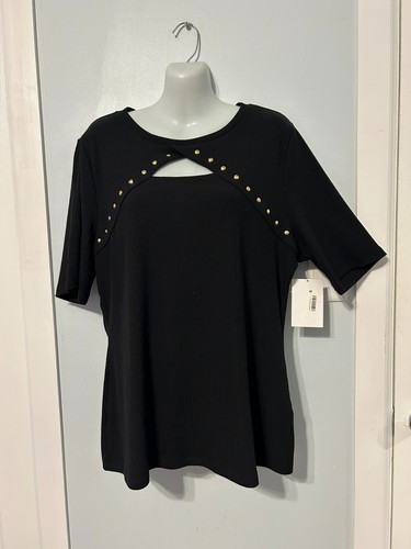 NWT I.N.C Black Ribbed SS Top with Gold Studded Cut Out Neckline Size XXL