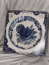 NEW boxed (4) Queens Myott Factory Thanksgiving Blue and White Dinner Plates