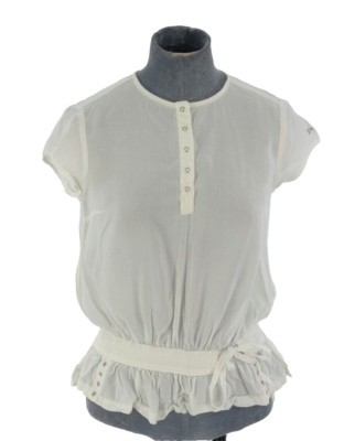 DKNY Y2K Bluse weiß Rüschen Rüschenbesatz Schößchen transparent Taille zum Binden Logo UK 10