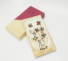 Antico Grande Argento Sterling E Cristalli Fiore Pin Vite Retro Orecchini Set