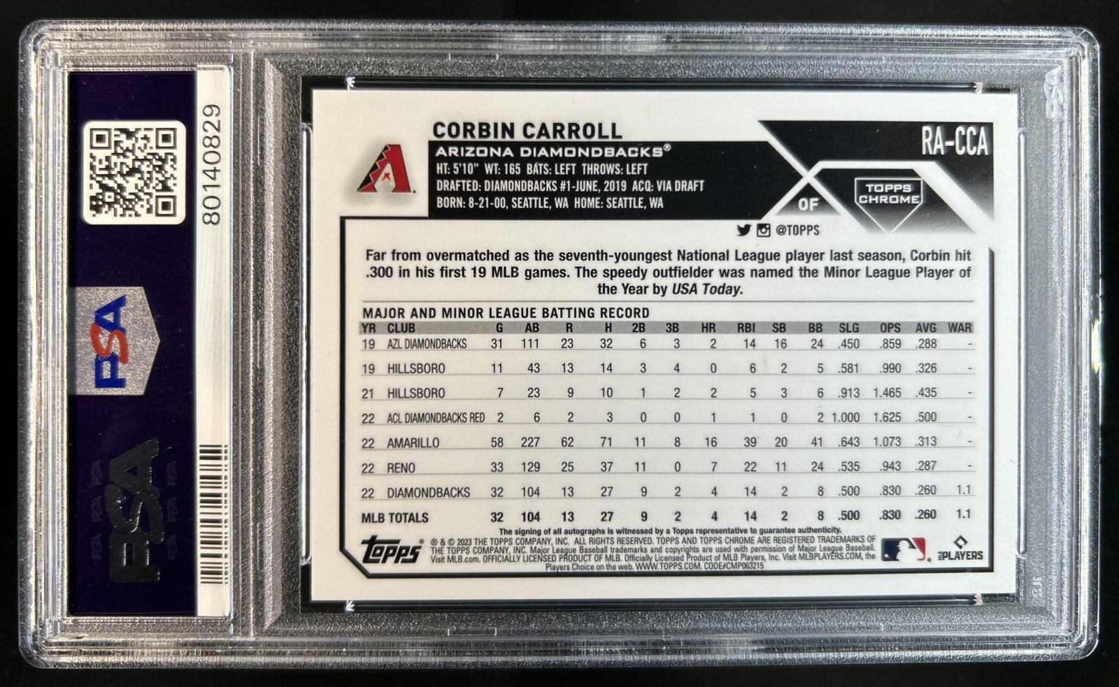 2023 Topps Chrome Corbin Carroll Rookie Auto RC #RA-CCA Diamondbacks PSA 10 view 2