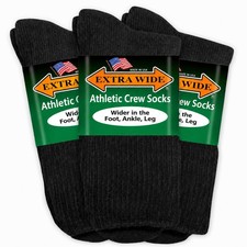 Extra Wide Athletic Crew Socks - Superior Stretch, Foot, Small, Black