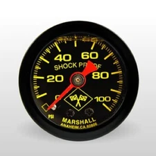 Marshall Fuel Pressure Gauge MNB00100; 0-100 psi 1-1/2 in. Liquid Filled Blk/Yel