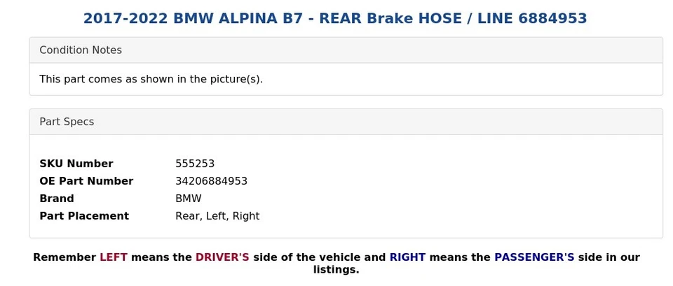 2017-2022 宝马 ALPINA B7 - 后刹车软管/线 6884953 — 第 4/4 张图片