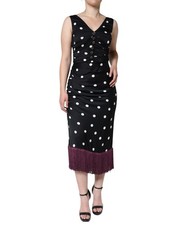 Dolce & Gabbana Black Silk Polka Dot Vneck Tassel Midi Women's Dress Authentic