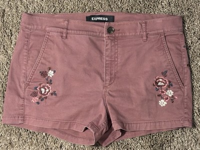 Express Pink Floral Embroidered Chino Shorts Women s Pockets Button Closure