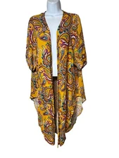 Terra & Sky Colorful Mustard Paisley Long  Flowy Over Shirt Women 0X Boho Hippie