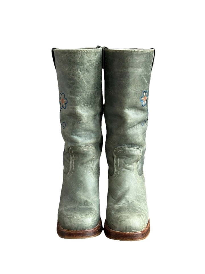 DESTROY Spain RARE Embroidered Sage Green Leather Chunky Heel Punk Boots 40 Y2K - Image 4 of 4