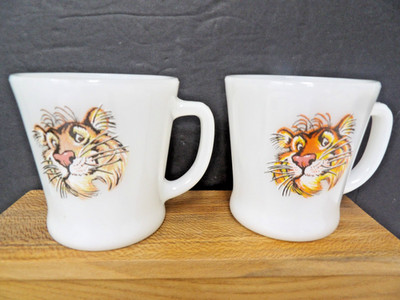 2  Vintage Fire King Esso Exxon Tiger Milk Glass Coffee Mugs by Anchor Hocking