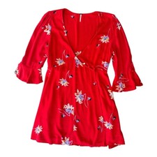 Free People Time On My Side Floral Wrap Mini Dress Red Boho V Neck Small