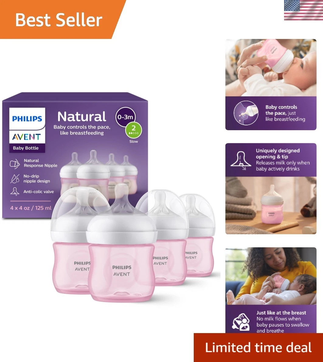 4-Pack Pink Natural Baby Bottles with Slow Flow Nipples - BPA-Free & Comfortable