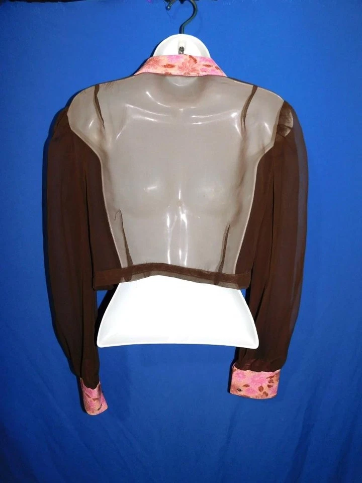 Camisa recortada vintage años 70 S marrón rosa floral malla transparente corbata delantera manga larga Foto 3 de 4