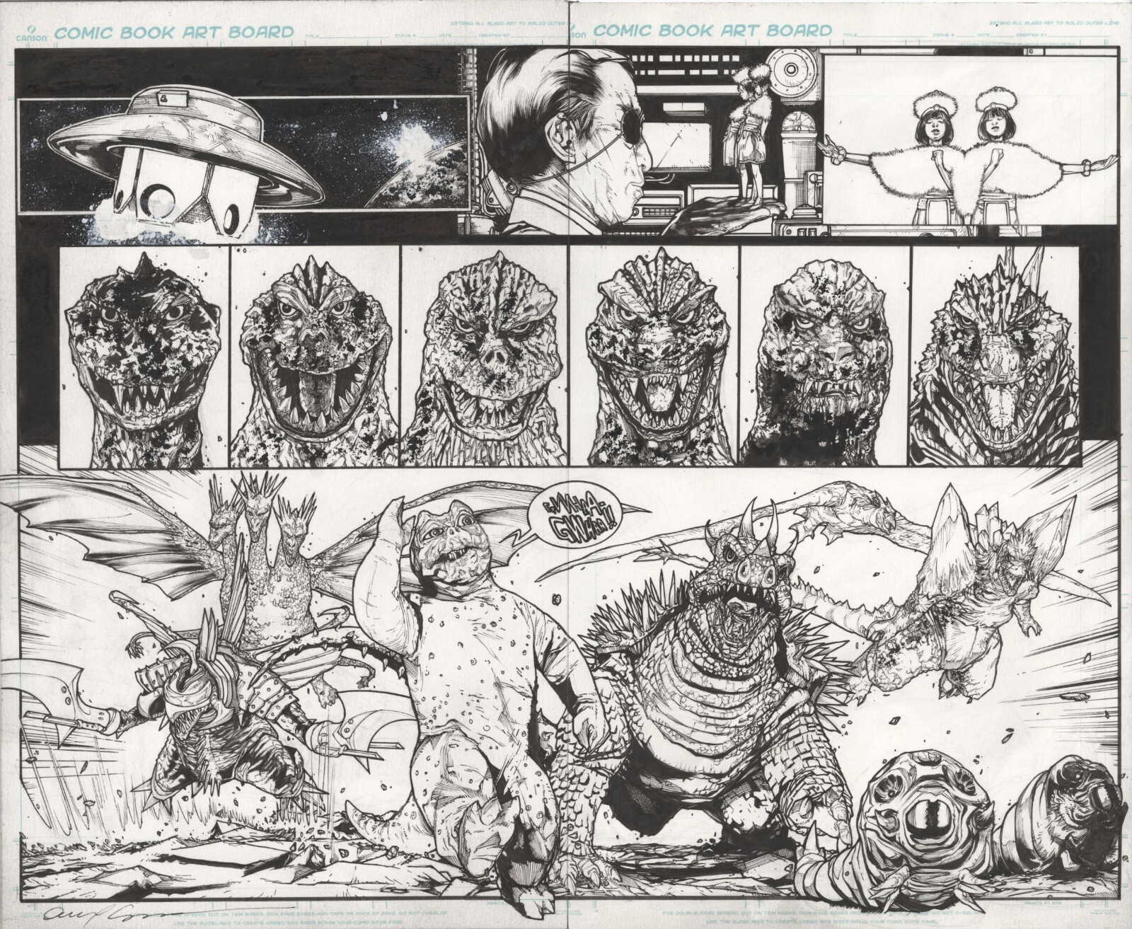 Godzilla Through the Ages Illustrated Signed DPS Art by Alex Sanchez