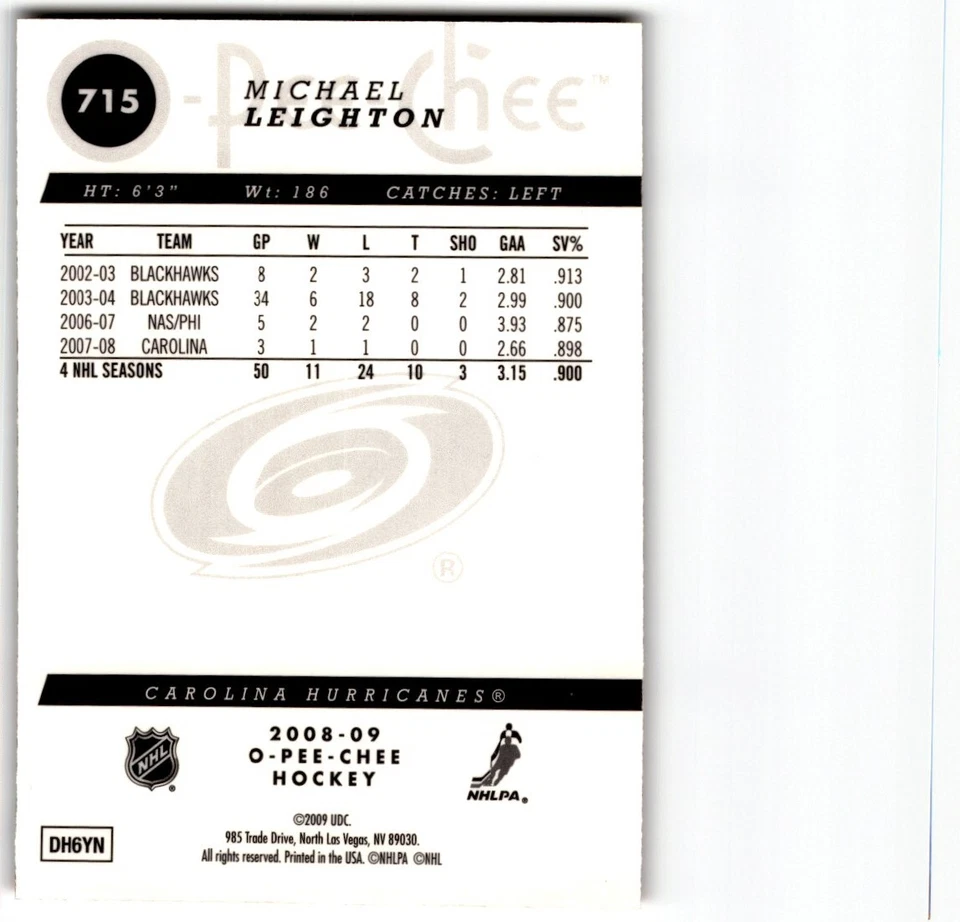 Michael Leighton 2008-09 O-Pee-Chee Metal #715 Carolina Hurricanes - Image 2 of 2