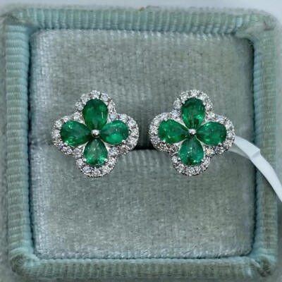 Pear Simulated Green Emerald Pretty Flower Stud Earrings 14K White Gold Plated