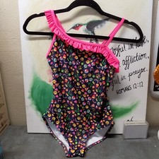 EMOJI Brand Girls Size L 10-12 one pc swim suit black pink ruffle Emoji design