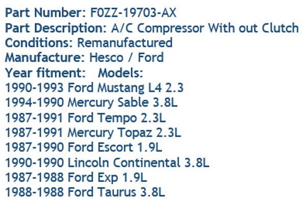 Compresor de aire acondicionado remanufacturado F0ZZ-19703-CX 1990-1993 Ford Mustang 2,3 L L4 Foto 2 de 4