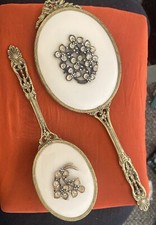 VTG Antique Gold-Tone Vanity Hand Mirror Brush Set with Floral Design