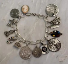 Vintage Sterling Silver Link Bracelet w/ 14 Misc. Dangle Charms ~ 43.5g ~ 7-E526