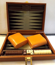 VINTAGE TRAVEL MAGNETIC BACKGAMMON GAME COMPLETE IN FAUX LEATHER WOOD CASE