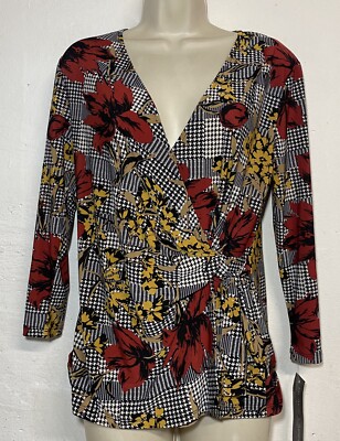 NWT Black Label Evan Picone Small Blouse Black Red Floral 3/4 Sleeve Stretch 