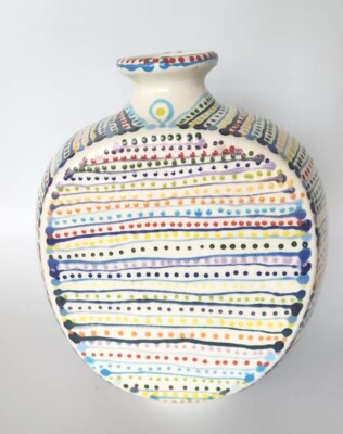 Vintage Rainbow Polka Dot Art Pottery Vase Signed dYNa 7.5''T 6''W U182