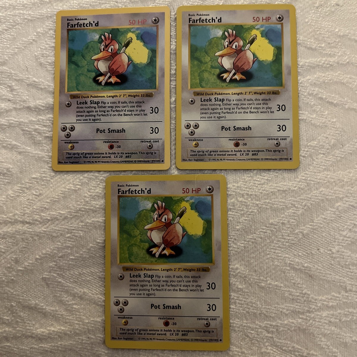 Set Of 3 Farfetch'd Pokemon Cards, Base Set, Unlimited, Shadowless