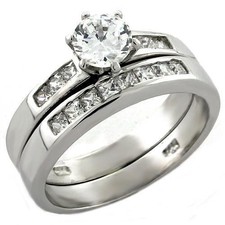 Women's Ring Set, Clear CZ, Rhodium Plated, Sterling Silver, Bridal, Sparkling