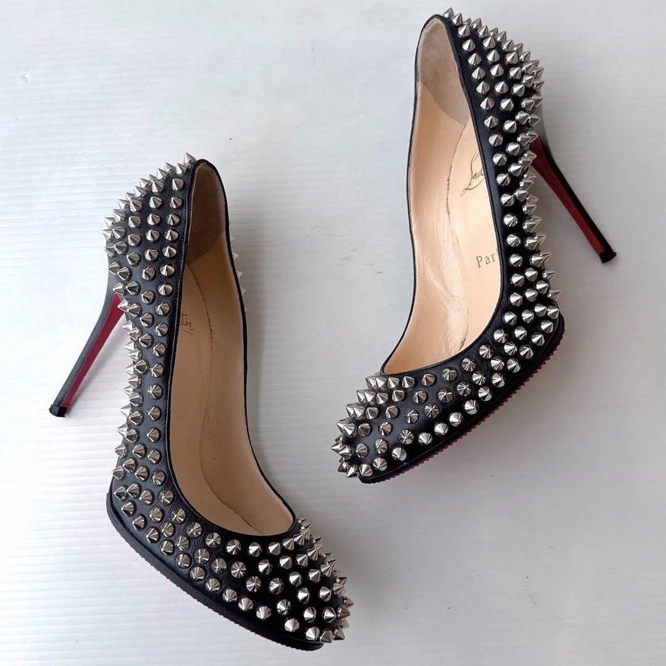 Zapatos de salón Christian Louboutin tachuelas de cuero negro EU36.5 US6.5 FIFI SPIKES 100 Foto 3 de 4