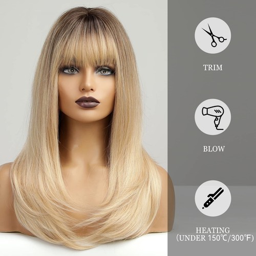 Ombre Blonde Long Straight Wig with Bangs Dark Root Long Hair With Bangs Natu... - Picture 4 of 8