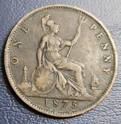 Great Britain UK 1875 Penny 1d Wide Date No H Very Good VG Semi Key Date