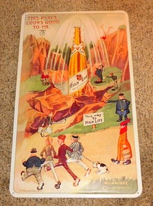 1990s Whimsical MILLER BEER Embossed TIN SIGN w/ Bursting Bottle & Policeman