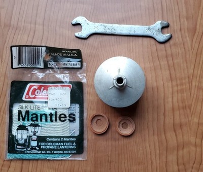   Vintage Coleman Lantern funnel, wrench, 2 mantles and 2 leather pump caps