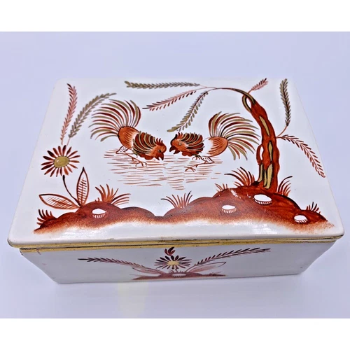 Vintage Italian Red Siena Ware Chickens Pottery Trinket Box Hand Painted Rooster