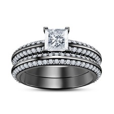 2 CT Princess Lab Created Diamond Bridal Wedding Ring Set 14K Black Gold Over